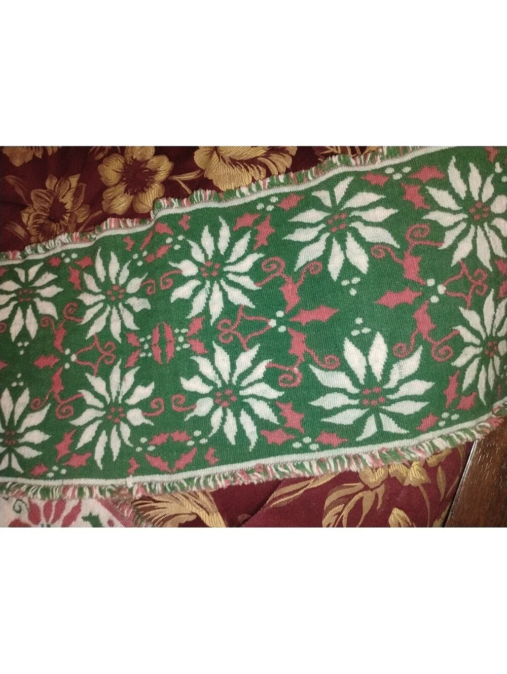 Vintage Christmas Poinsettia Reversible Woven Table Runner / Holiday Decor